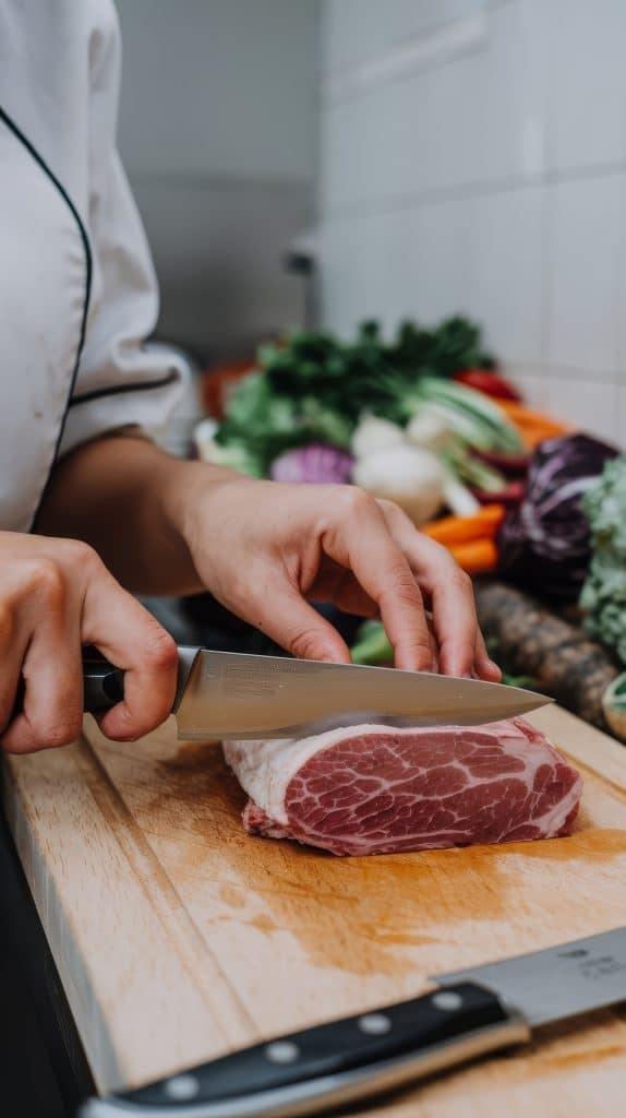 - woman cuts piece meat closeup